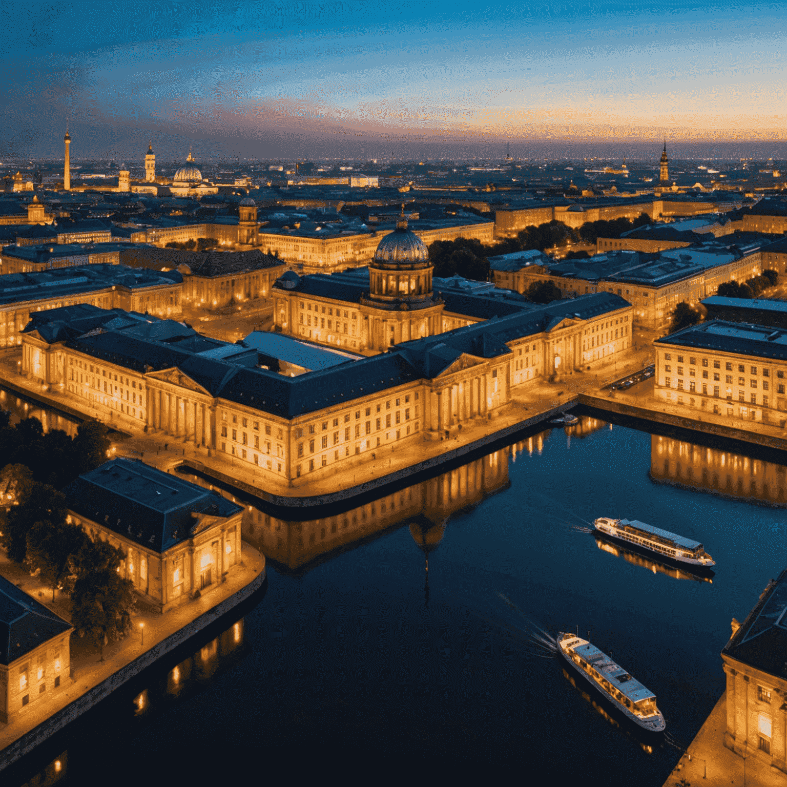 Luftaufnahme der Museumsinsel in Berlin bei Nacht, mit beleuchteten neoklassizistischen Gebäuden, die sich im Wasser der Spree spiegeln